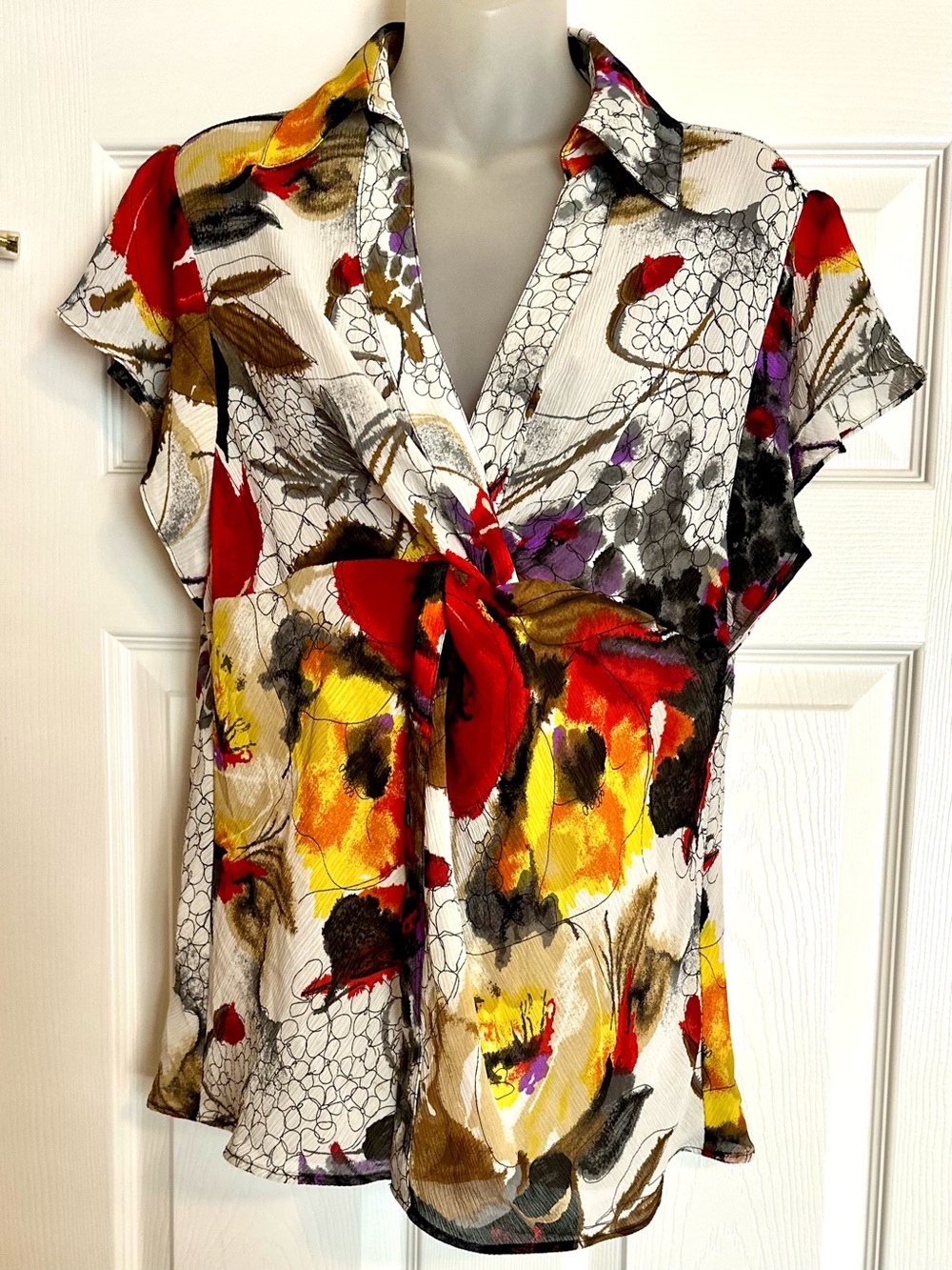 Ivy Chic Wrap front Watercolor Floral Sheer Blouse in Red, Yellow & Black